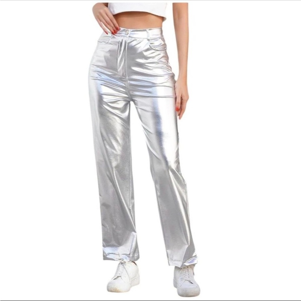 NOISY MAY Silver Metallic High-Waist Straight Pants NWT